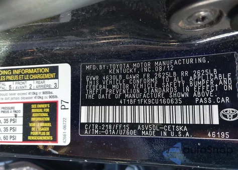 2012 Toyota Camry Se z USA, uszkodzony, nr VIN 4T1BF1FK9CU160635